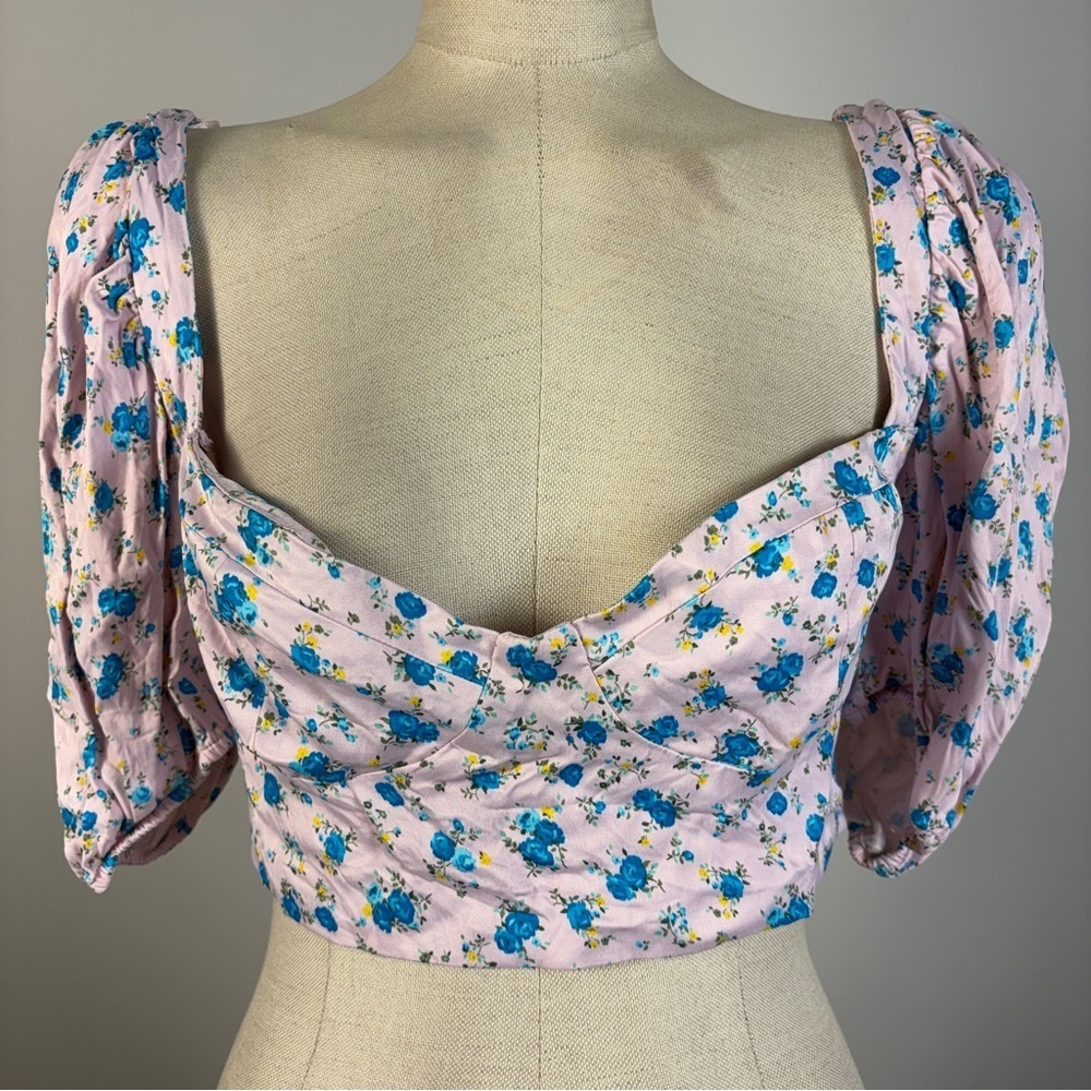 Zara Pink Blue Floral Print Corset Bustier Crop Top Puff Sleeves L - Picture 1 of 9